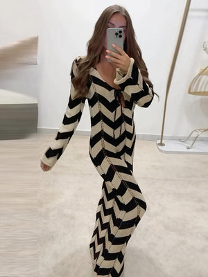Kvinder Strikkjole – Chevron Mønster, Langærmet, Elegant Design-83785-6a7b6052-18fb-46ba-a74a-3b7ef65669a9