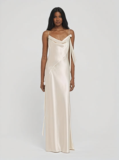 Dame Maxikjole – Satin, Vandfaldsudskæring, Spaghettistropper, Gulvlængde-83831-c386d1d3-536d-42dc-9e0f-a812a44c6b33