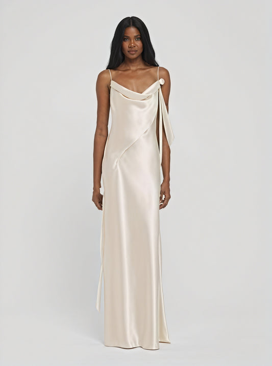 Dame Maxikjole – Satin, Vandfaldsudskæring, Spaghettistropper, Gulvlængde-83831-c386d1d3-536d-42dc-9e0f-a812a44c6b33