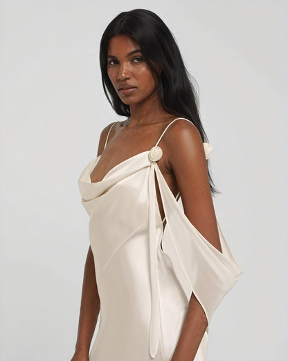Dame Maxikjole – Satin, Vandfaldsudskæring, Spaghettistropper, Gulvlængde-83831-b760b857-21dd-416e-a020-dfa62c8cadb4