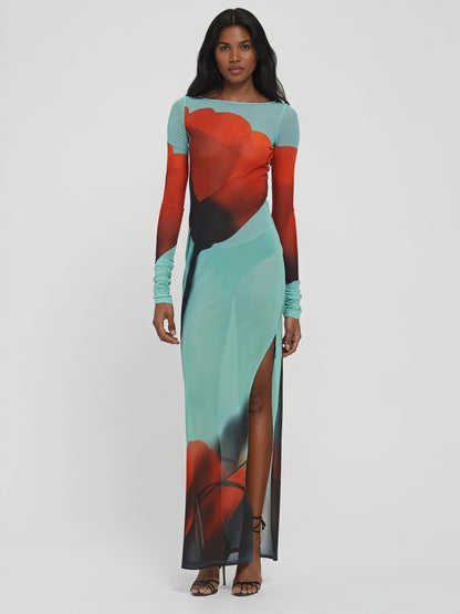 Dame Maxikjole – Langærmet med Farverigt Print, Gulvlængde, Elegant Stil-83850-7272b764-e785-44ad-9afa-d4bb447c62c9