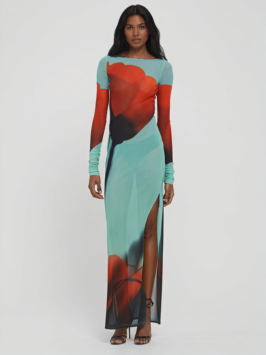 Dame Maxikjole – Langærmet med Farverigt Print, Gulvlængde, Elegant Stil-83850-7272b764-e785-44ad-9afa-d4bb447c62c9