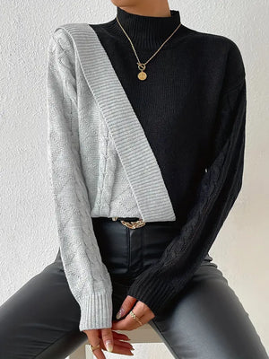Dame Sweater – Farveblok Turtleneck, Kabelstrik Design-54586-b1c5e7a2-7e02-452a-98eb-a706d10e37da