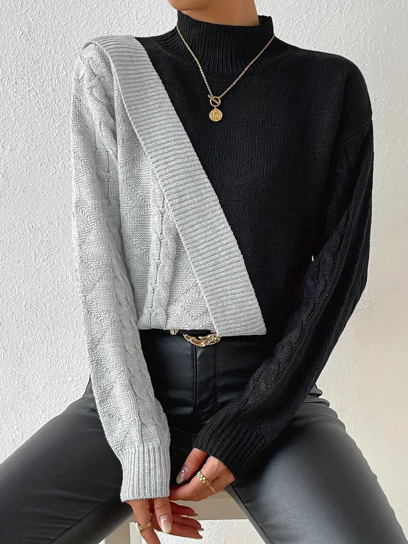 Dame Sweater – Farveblok Turtleneck, Kabelstrik Design-54586-b1c5e7a2-7e02-452a-98eb-a706d10e37da