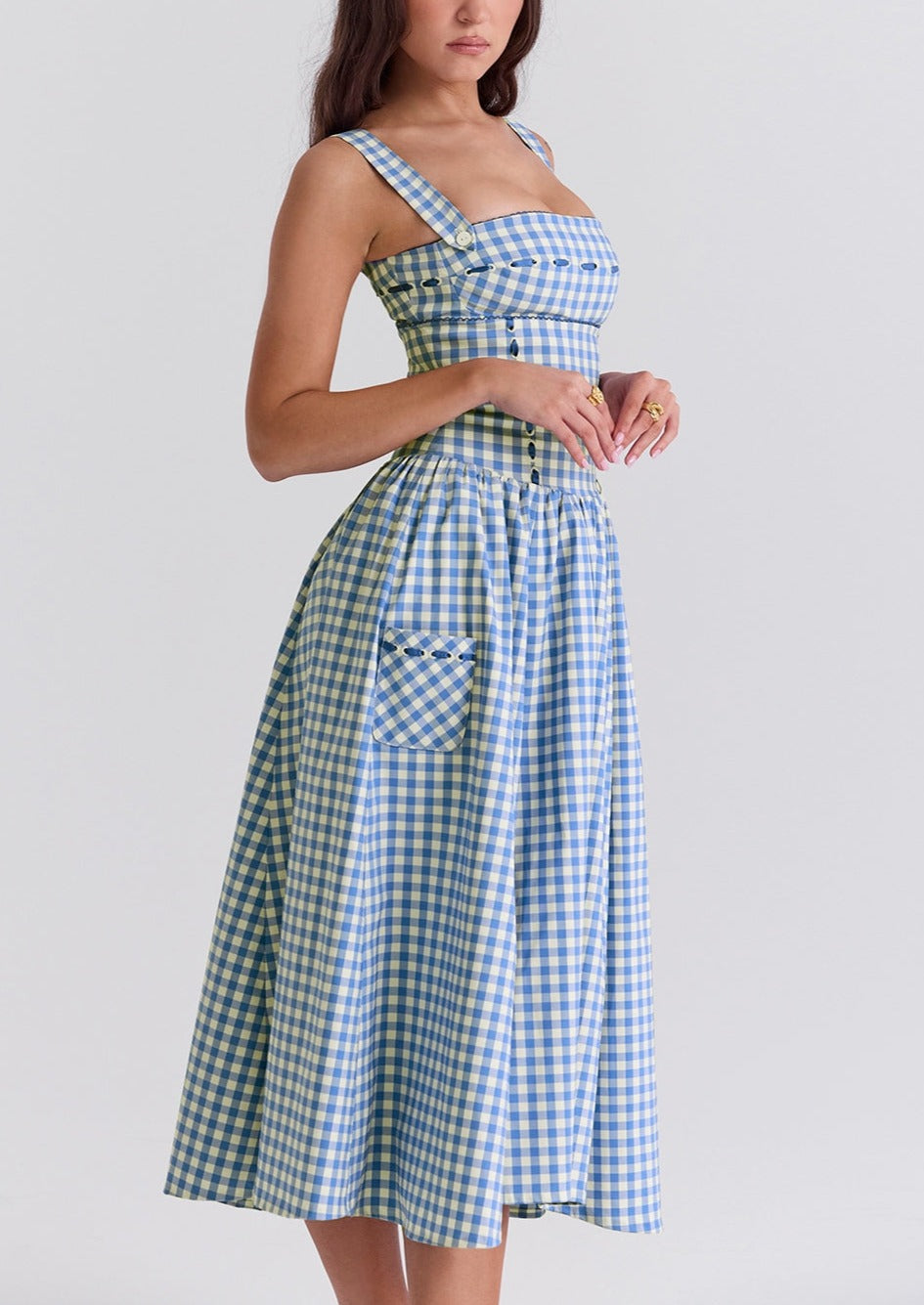 Kvinder Kjole – Gingham Mønster, Firkantet Halsudskæring, Knapper, Klassisk Stil-83592-84b37b40-e669-40c7-8ae2-09f941cd3b0e