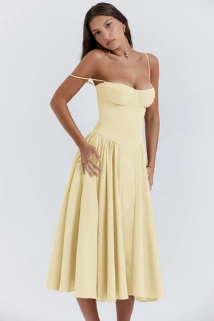 Dame Kjole – Midi, Struktureret Overdel, Plisseret Skørt, Spaghettistropper, Lommer, Elegant Stil-83506-862f6699-3c6a-418e-90eb-1c5c67bf9eb1
