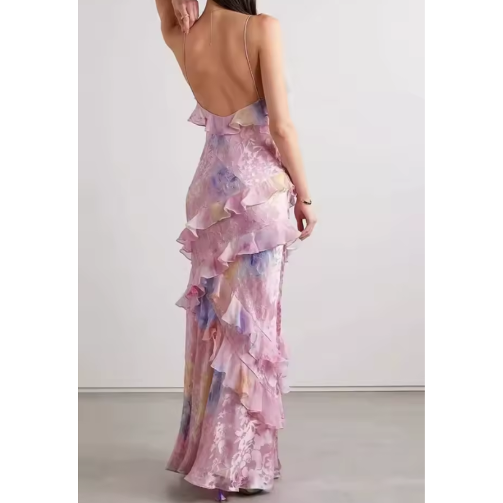 Blomstret Kjole med Spaghettistropper og Flæser