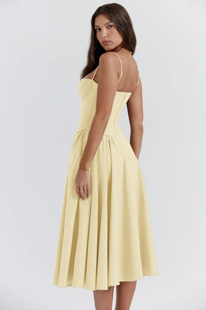 Dame Kjole – Midi, Struktureret Overdel, Plisseret Skørt, Spaghettistropper, Lommer, Elegant Stil-83506-8a7bcd37-e297-4c9c-9260-0a7cd7c2d8d3
