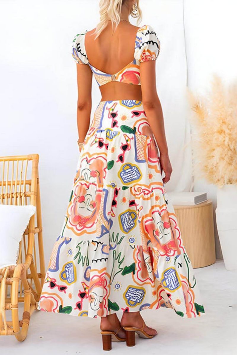 Sommer Sæt - Crop Top, Maxi Nederdel, Abstrakt Print