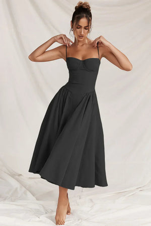 Dame Kjole – Midi, Struktureret Overdel, Plisseret Skørt, Spaghettistropper, Lommer, Elegant Stil-83506-946f4a49-c317-4f52-808e-21b098fc5fca