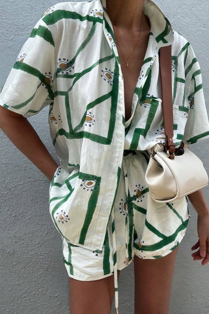 Afslappet Pyjamas Sæt med Geometrisk Mønster