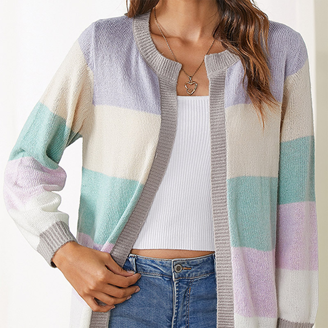 Dame Cardigan – Stribet Farveblok, Åben Front, Langærmet Strik-74430-9738c155-0a4d-405d-b4e5-2f7035a5e7c6