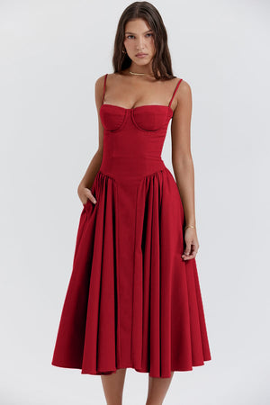 Dame Kjole – Midi, Struktureret Overdel, Plisseret Skørt, Spaghettistropper, Lommer, Elegant Stil-83506-9896ebe8-61c9-4b84-a87a-51efccc804ad