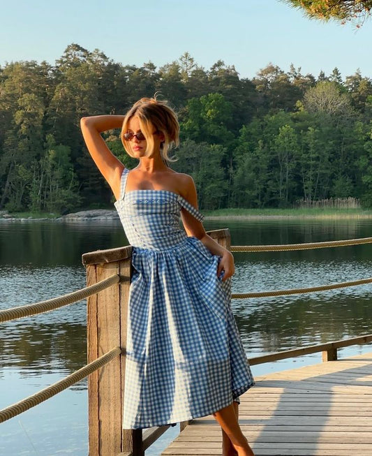 Kvinder Kjole – Gingham Mønster, Firkantet Halsudskæring, Knapper, Klassisk Stil-83592-9940cf61-a6d3-46b7-80f1-1f40f9209755