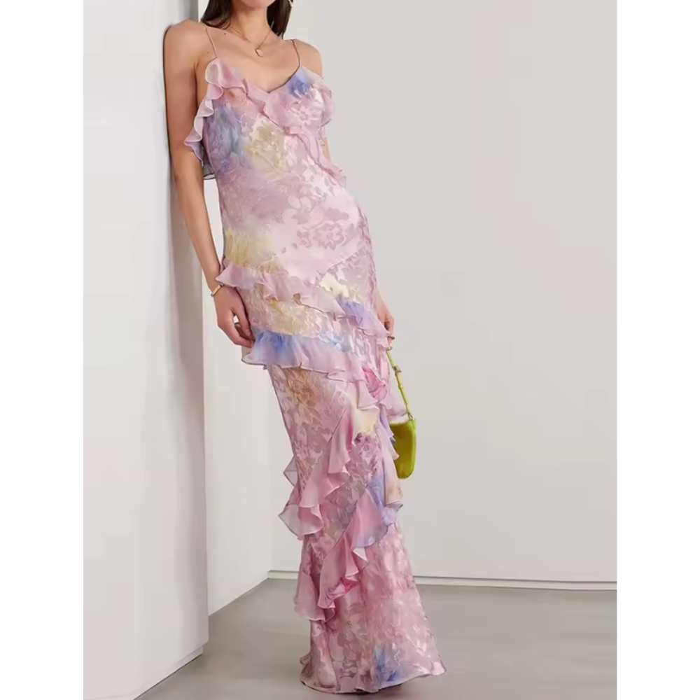 Blomstret Kjole med Spaghettistropper og Flæser