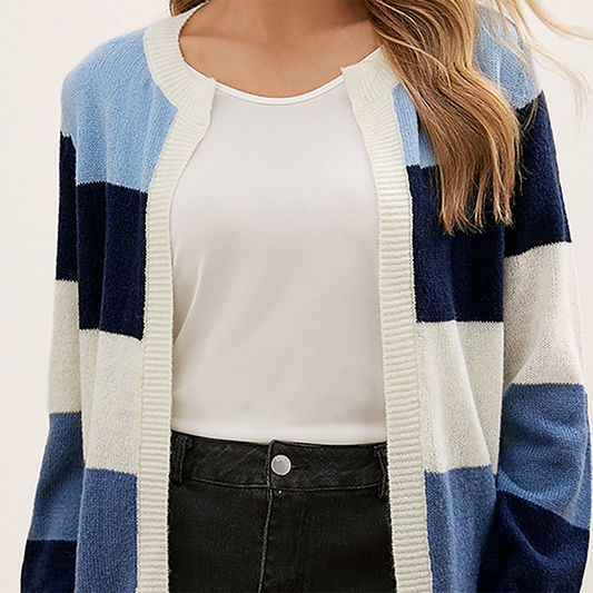 Dame Cardigan – Stribet Farveblok, Åben Front, Langærmet Strik-74430-9c93f468-1f42-44e9-ae24-15b1063d5fd5