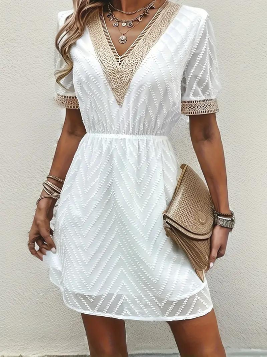 Women's White V-Neck Short Sleeve Embroidered Lightweight Dress-82469-9eaebf45-8bcb-458e-9928-20ff8cf29603