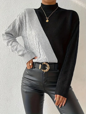 Dame Sweater – Farveblok Turtleneck, Kabelstrik Design-54586-1de2af94-c89d-4057-9082-9007e22d5d9f