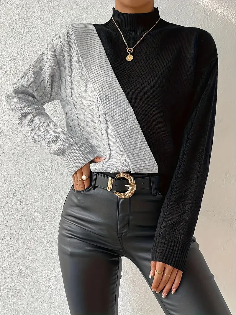 Dame Sweater – Farveblok Turtleneck, Kabelstrik Design-54586-1de2af94-c89d-4057-9082-9007e22d5d9f