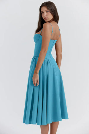 Dame Kjole – Midi, Struktureret Overdel, Plisseret Skørt, Spaghettistropper, Lommer, Elegant Stil-83506-9fcfcca2-3133-4c2d-b2b6-7ef4783de066