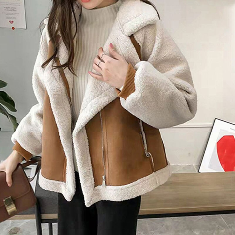 Dame Frakke – To-tonet, Ruskindsimiteret med Faux Shearling Foring, Bred Revers-50497-df5d1547-0039-4389-b3d9-6fb885bc9f9b