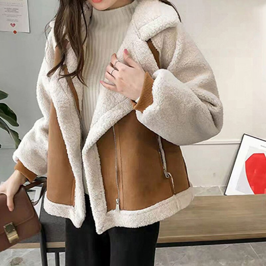 Dame Frakke – To-tonet, Ruskindsimiteret med Faux Shearling Foring, Bred Revers-50497-df5d1547-0039-4389-b3d9-6fb885bc9f9b