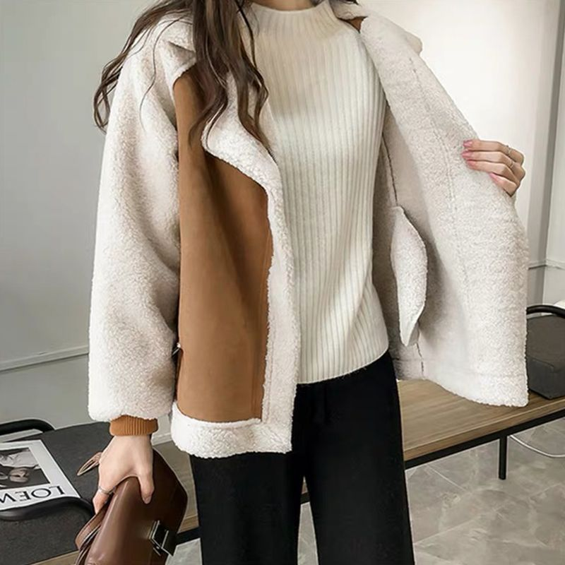 Dame Frakke – To-tonet, Ruskindsimiteret med Faux Shearling Foring, Bred Revers-50497-33276c80-6464-4c6c-b079-94036657b760