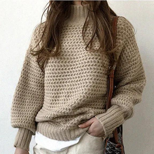 Dame Striktrøje – Beige Chunky Strik, Høj Ribhals, Oversized Ærmer, Akryl/Bomuld-54883-58562561605962