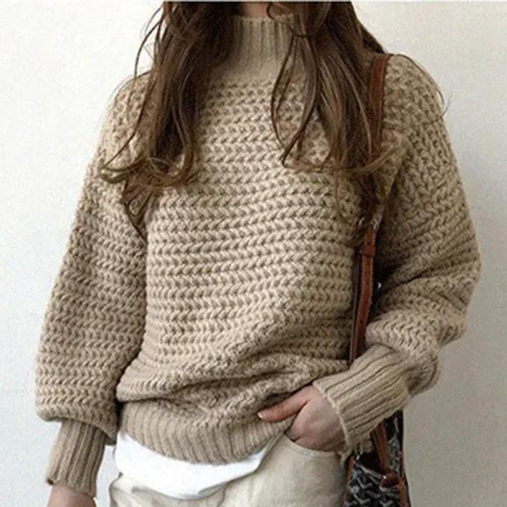 Dame Striktrøje – Beige Chunky Strik, Høj Ribhals, Oversized Ærmer, Akryl/Bomuld-54883-58562561605962