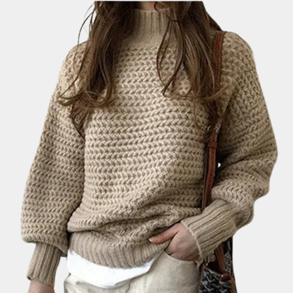 Dame Striktrøje – Beige Chunky Strik, Høj Ribhals, Oversized Ærmer, Akryl/Bomuld-54883-58562562392394
