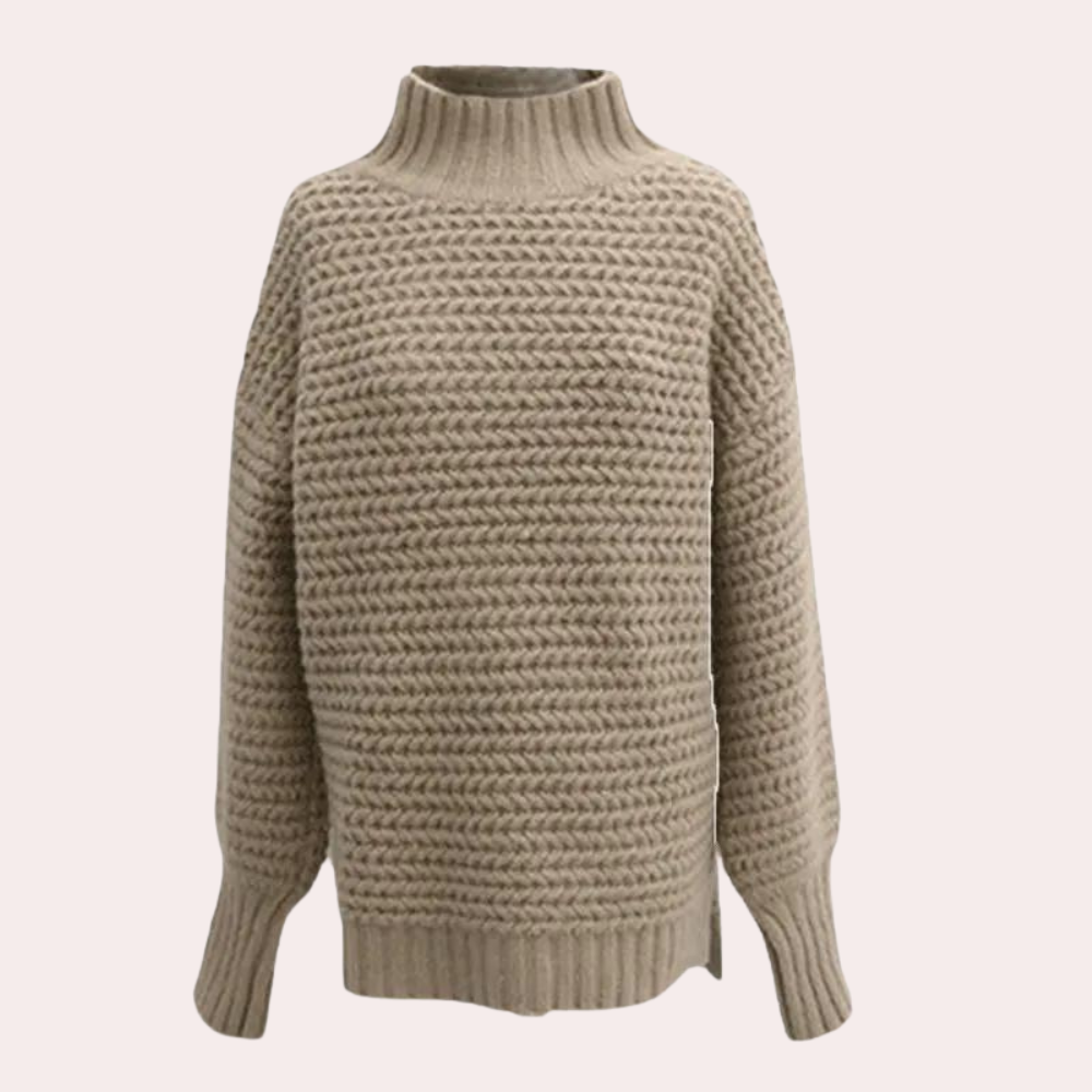 Dame Striktrøje – Beige Chunky Strik, Høj Ribhals, Oversized Ærmer, Akryl/Bomuld-54883-58562562982218