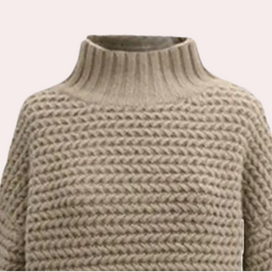 Dame Striktrøje – Beige Chunky Strik, Høj Ribhals, Oversized Ærmer, Akryl/Bomuld-54883-58562563735882