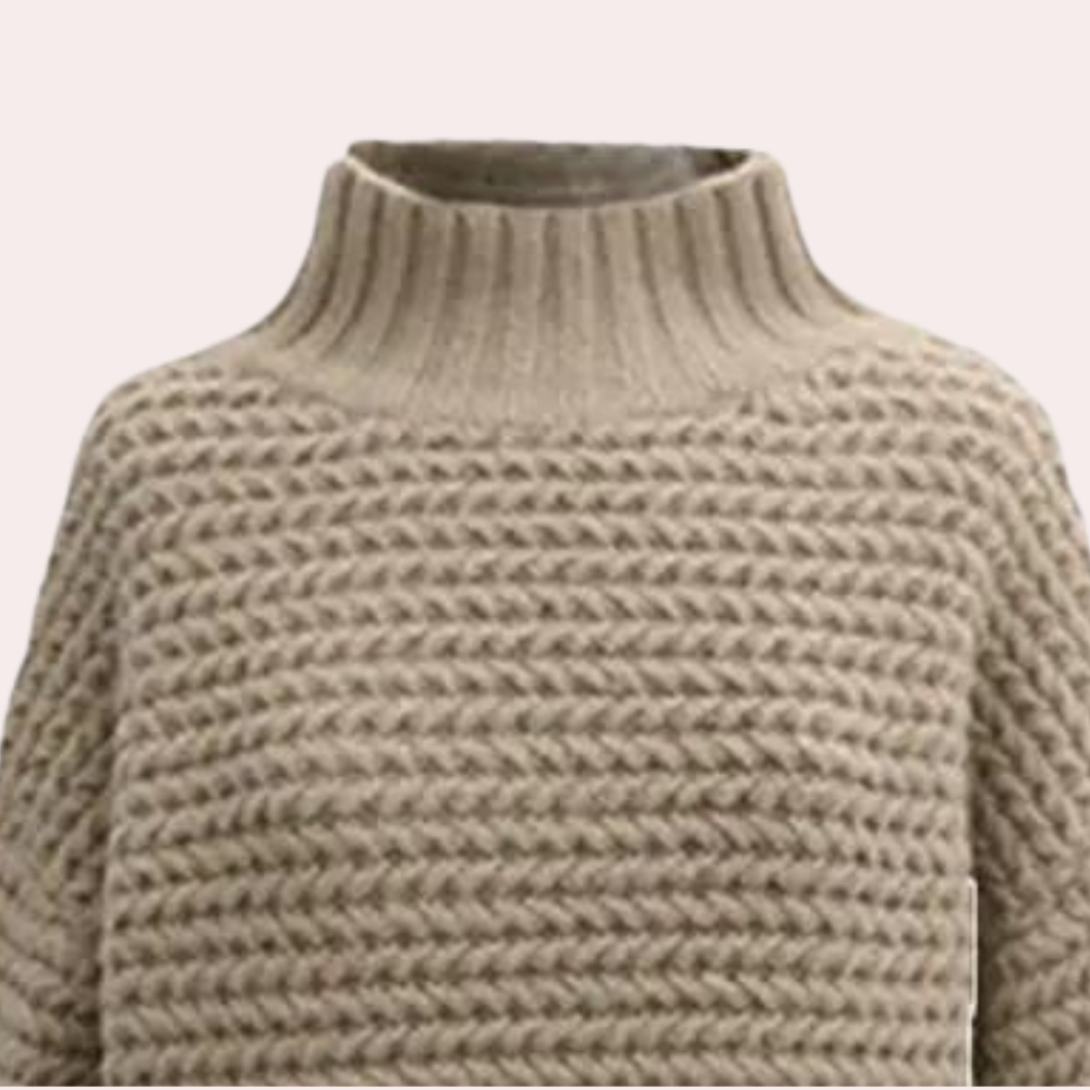 Dame Striktrøje – Beige Chunky Strik, Høj Ribhals, Oversized Ærmer, Akryl/Bomuld-54883-58562563735882