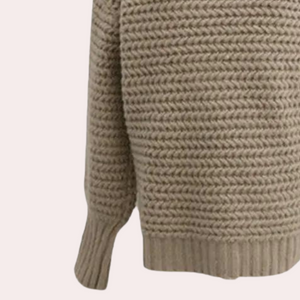 Dame Striktrøje – Beige Chunky Strik, Høj Ribhals, Oversized Ærmer, Akryl/Bomuld-54883-58562563899722