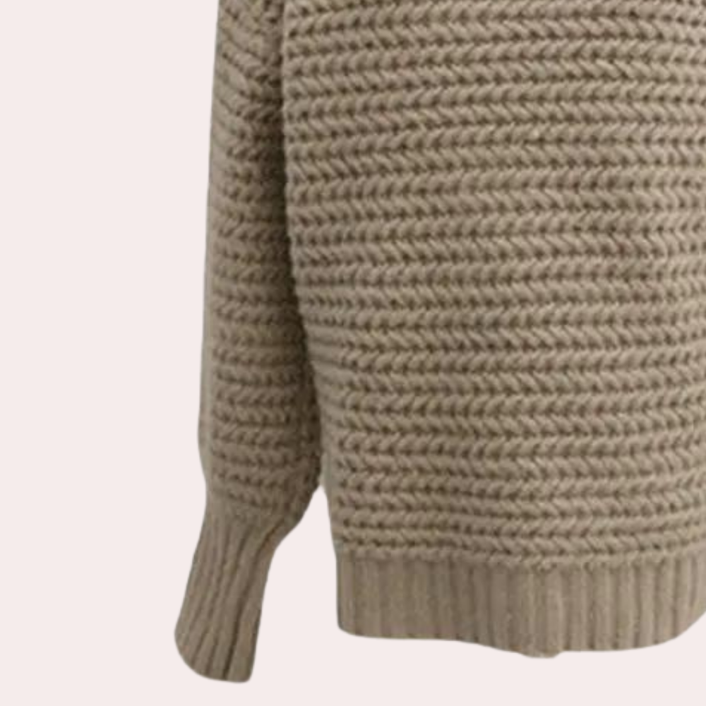 Dame Striktrøje – Beige Chunky Strik, Høj Ribhals, Oversized Ærmer, Akryl/Bomuld-54883-58562563899722