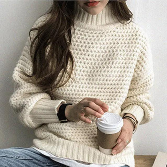 Dame Striktrøje – Beige Chunky Strik, Høj Ribhals, Oversized Ærmer, Akryl/Bomuld-54883-58562561016138