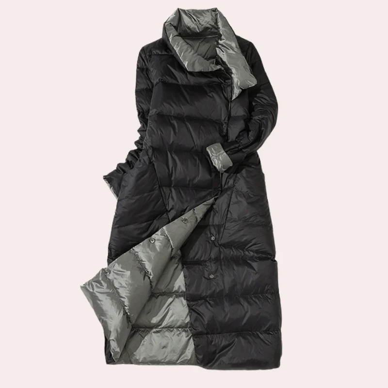 Dame Pufferfrakke – Lang, To-tonet, Oversized Silhuet, Polyester, Vinter-54885-58562551152970