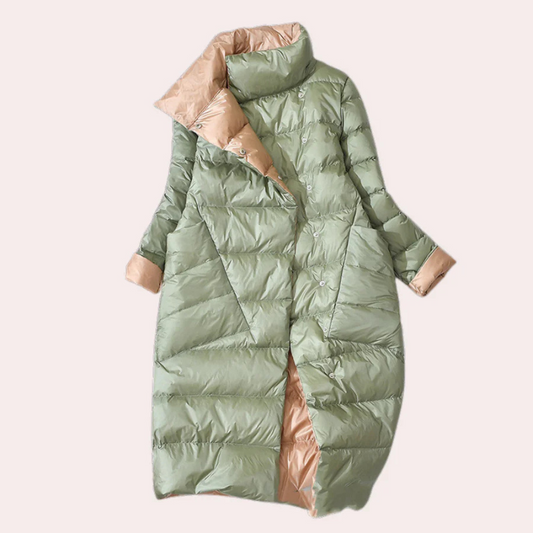 Dame Pufferfrakke – Lang, To-tonet, Oversized Silhuet, Polyester, Vinter-54885-58562550497610