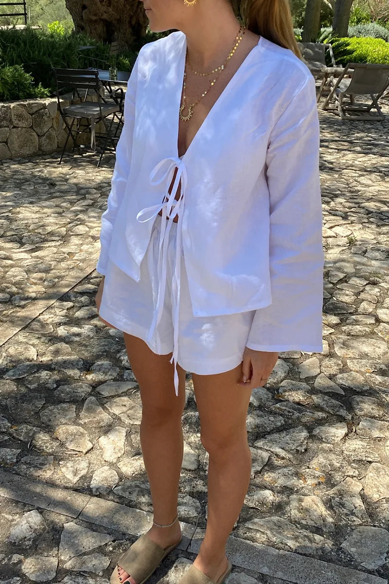 Dame To-Delt Sæt Hør – Langærmet Top med Bindebånd & Shorts Elastik Talje, Afslappet-83296-a10f04bf-769e-4a13-b329-81119069d0ce