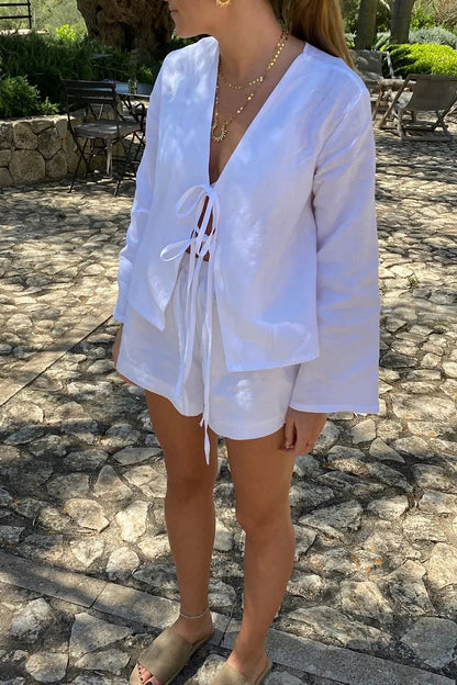 Dame To-Delt Sæt Hør – Langærmet Top med Bindebånd & Shorts Elastik Talje, Afslappet-83296-a10f04bf-769e-4a13-b329-81119069d0ce