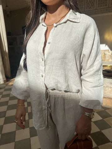 Dame Hør Sæt – Afslappet Skjorte og Bukser, Komfortabelt Todelts Outfit-82126-a15c7c41-1828-43c7-ac0d-8868597baea5