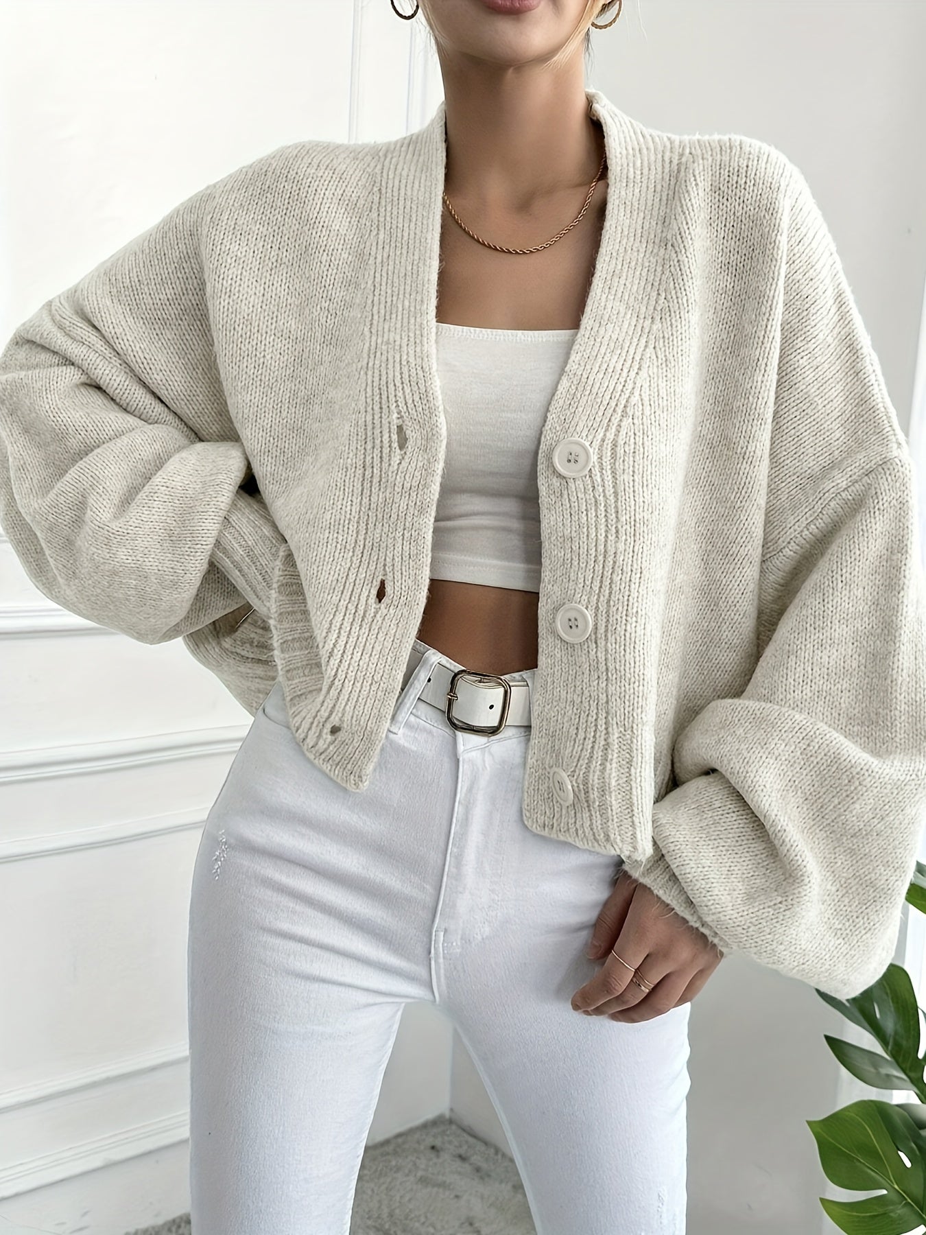 Dame Strikket Cardigan – Knaplukning, Lange Ærmer, Klassisk Design-74563-a29fe494-3f4f-4869-a062-c013fb47d458