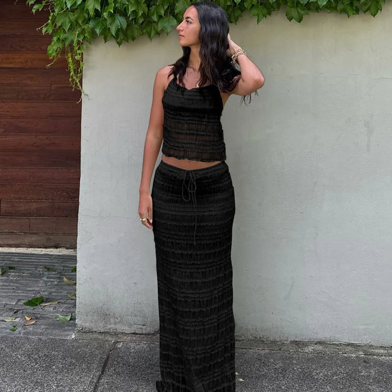 Dame Todelt Sæt – Tekstureret Halter Top & Midi Nederdel med Snøre-83709-a323052d-3b6e-4a62-8c6e-5b1b55529f16