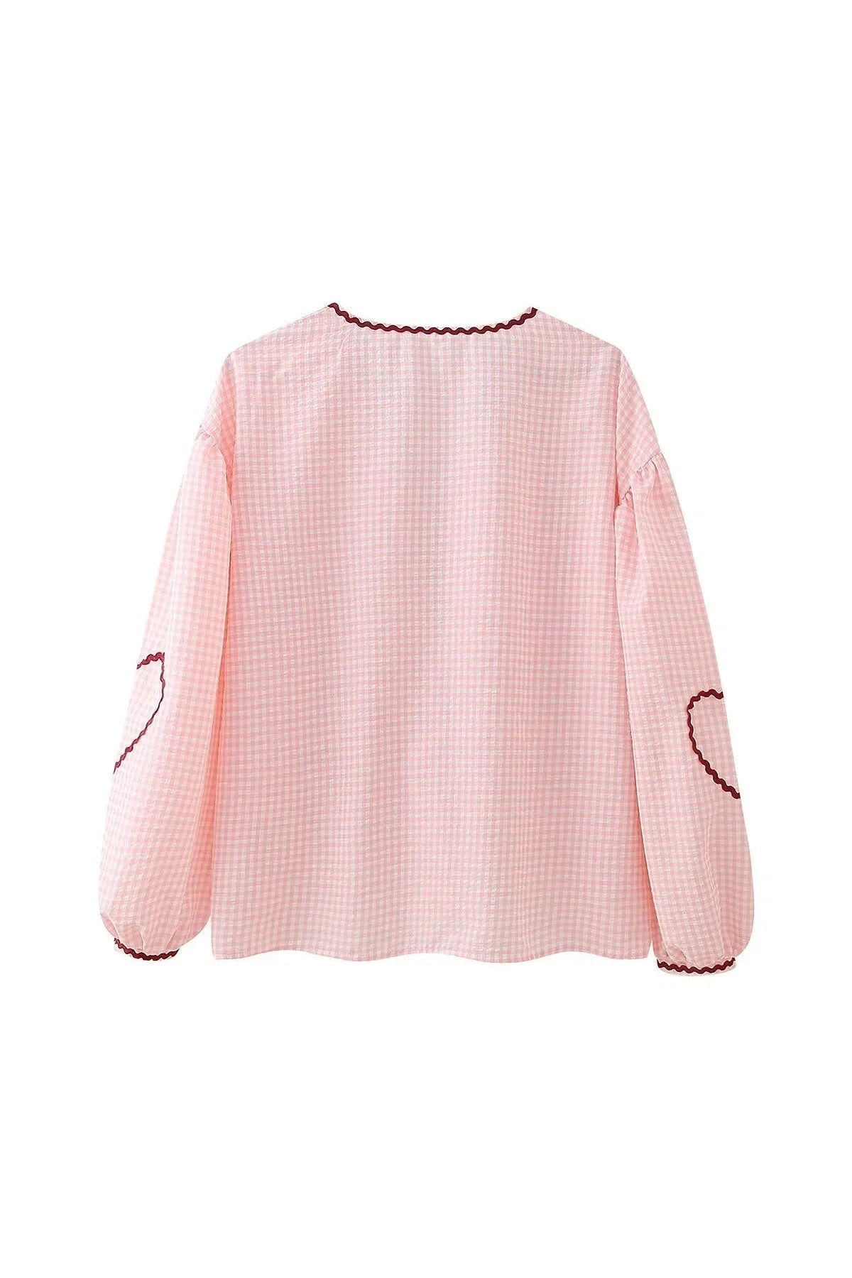 Dame Gingham Bluse med Hjerteformede Lommer, Rød Kant og Bindebånd Foran, Lange Ærmer-83307-a38bebf3-5b55-422e-9034-81a13e253715