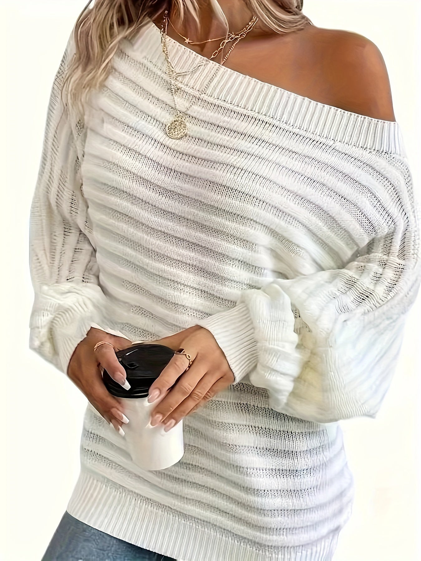 Dame Kjole – Ribstrikket, Off-Shoulder Design med Lange Ærmer-74368-a3f6ee0d-02a2-4fbf-833e-6cc998dac49d