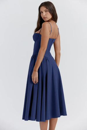 Dame Kjole – Midi, Struktureret Overdel, Plisseret Skørt, Spaghettistropper, Lommer, Elegant Stil-83506-a4bbb472-fda4-4d54-be07-4486bec144b4