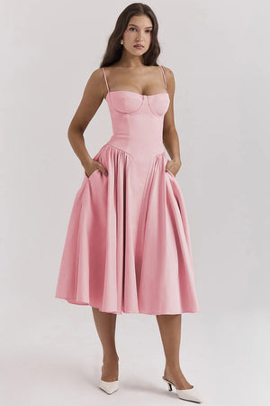 Dame Kjole – Midi, Struktureret Overdel, Plisseret Skørt, Spaghettistropper, Lommer, Elegant Stil-83506-a84c6a0a-a4b6-466e-8f59-98e799bebe56