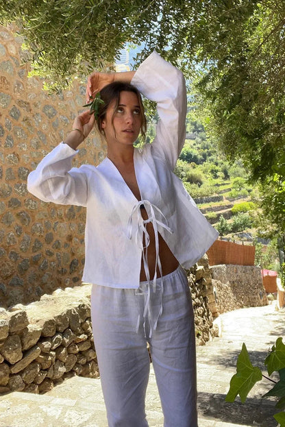 Dame To-Delt Sæt Hør – Langærmet Top med Bindebånd & Shorts Elastik Talje, Afslappet-83296-a8cba507-ac90-445f-9ac0-6c97ae2b8dfd