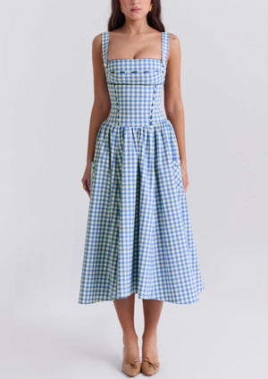 Kvinder Kjole – Gingham Mønster, Firkantet Halsudskæring, Knapper, Klassisk Stil-83592-ab2e9f93-3668-4e03-970a-c69268dabf41