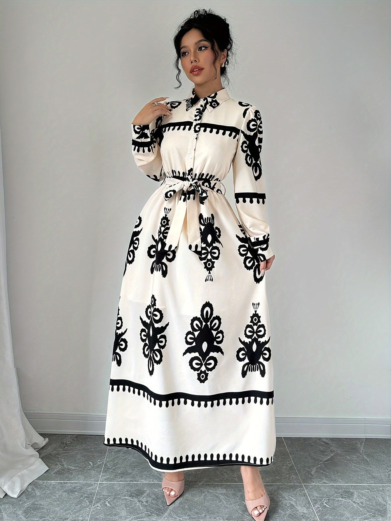 Dame Langærmet Kjole – Trykt Design, Bindebånd, Elegant Stil-83357-ac9716f7-24df-4c39-b68f-12e2241dcb67